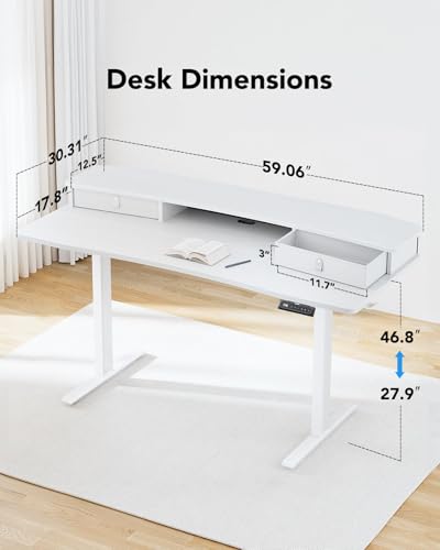 HUANUO 60″ x 30″ Electric Standing Desk with 2 Drawers, C-Clamp Mount Compatible, Height Adjustable Computer Desk, Home Office Stand Up Desk with 4 Preset Heights & 2 Hooks, White - color: White, size: 60" X 30"