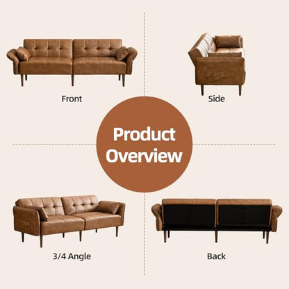 HALLYBEE 85" Futon Faux Leather Couch with Adjustable Armrests Brown | Futon Sofa Bed, Sleeper Sofa, Small Couch with Pillows, Side Pockets, Mid Century Modern, Living Room, Bedroom, Apartment - color: Brown