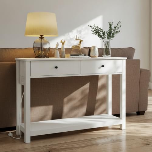 Gizoon Console Table with Outlets, White | Modern Sofa Table with 2 Drawers, Open Shelf for Living Room, Front Hall, Entrance Hall, Study Room - color: White, size: 39"W with Outlets