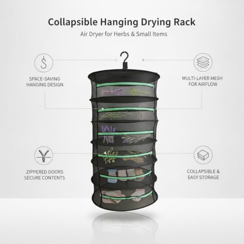 Collapsible Hanging Dryer with Zippered Mesh Layers, Space-Saving Foldable Air Drying Rack for Kitchen, Balcony, and Laundry (Black) - size: 12.99 x 12.99 x 53.15 in