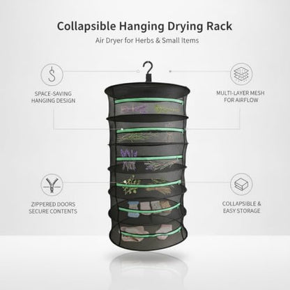 Collapsible Hanging Dryer with Zippered Mesh Layers, Space-Saving Foldable Air Drying Rack for Kitchen, Balcony, and Laundry (Black) - size: 12.99 x 12.99 x 53.15 in