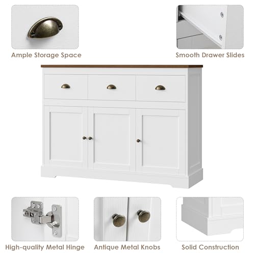 White Buffet Cabinet Storage Kitchen Sideboard Farmhouse Buffet Server Bar Wine Cabinet with 3 Drawers & 3 Doors Adjustable Shelves Console Table for Dining Living Room Cupboard - size: 15.6"D x 47.2"W x 36"H