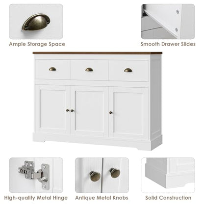 White Buffet Cabinet Storage Kitchen Sideboard Farmhouse Buffet Server Bar Wine Cabinet with 3 Drawers & 3 Doors Adjustable Shelves Console Table for Dining Living Room Cupboard - size: 15.6"D x 47.2"W x 36"H