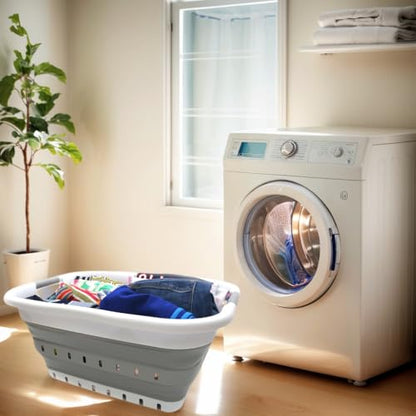 SAMMART 41L (10.8 gallon) Collapsible 3 Handled Plastic Laundry Basket - Foldable Pop Up Storage Container/Organizer - Portable Washing Tub - Space Saving (3 handled rectangular, White/Grey)