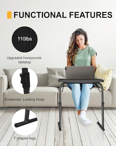 TV Tray Table, XL PRO TV Dinner Tables, 16.9 x 22 x 29.1inch Folding Desk with Cup Holder and Tablet Slot, Adjustable Couch Desk with 6 Height & 3 Tilt Angle Adjustments, Laptop Desks, Black