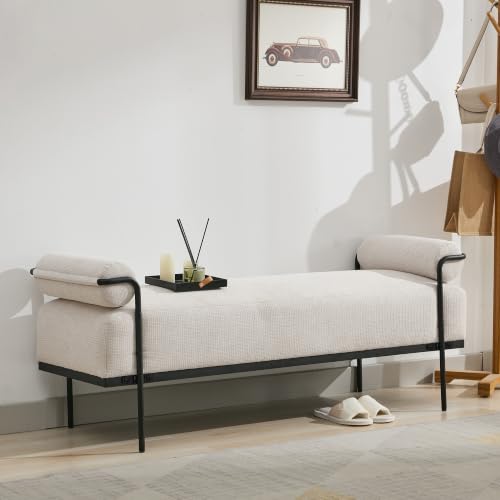 SOFTHION 61.2" End of Bed Bench, Chenille Upholstered Entryway Bench, Beige | Modern Upholstered Bench Ottoman, Footrest Stool with Sturdy Metal Frame and Legs for Living Room/Foyer/Mudroom/Hallway - color: Beige