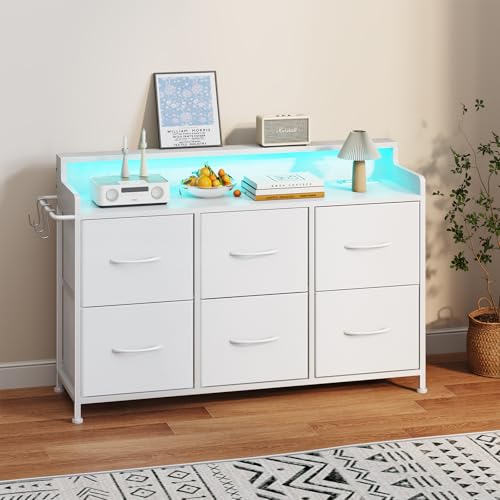 6 Drawer Dresser with Charging Station & LED, Storage Organizer for Bedroom | White Fabric Dresser, Chest of Drawers, TV Stand, Adjustable LED Light, Sturdy Frame, Wood Top, Side Hooks, Fits Small Spaces - color: White