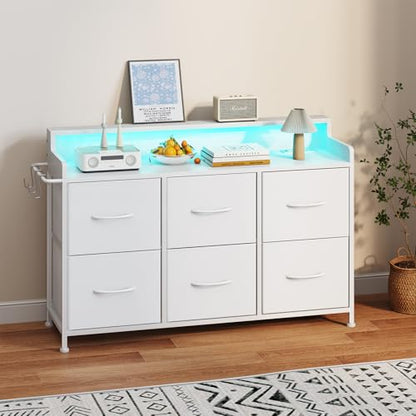 6 Drawer Dresser with Charging Station & LED, Storage Organizer for Bedroom | White Fabric Dresser, Chest of Drawers, TV Stand, Adjustable LED Light, Sturdy Frame, Wood Top, Side Hooks, Fits Small Spaces - color: White