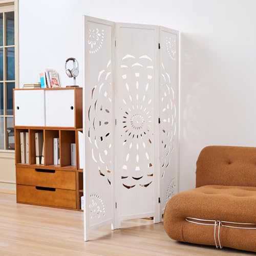 66.9Inch Wooden Room Partition - 3 Panels Boho-Styled Space Room Divider for Home/Office, Headboard & Yoga/Photo/Video Call Backdrop (White) - color: White, size: 3 Panels
