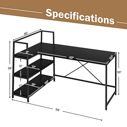 Tangkula Reversible L-Shaped Computer Desk, Space Saving Corner Desk with 3-Tier Storage Shelves & Metal Frame, Modern Executive Home Office Desk, PC Laptop Desk Workstation for Small Space (Black)