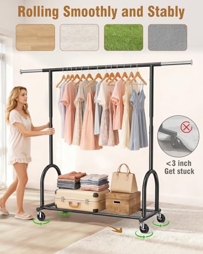 Heavy Duty Clothes Rack for Hanging Clothes Load 424 LBS, Height Adjustable Rolling Clothing Racks, Portable Metal Coat Rack Garment Wardrobe with Wheels and Shelves for Bedroom Laundry, Black - color: Black, style: 1 Shelf