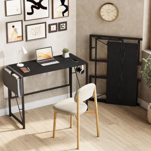 GarveeHome 39.4 Inch Folding Gaming Writing Computer Work Desk for Home Office,with Storage Bag & Hook,Space-Saving,Easy to Fold,Small Table for Bedroom,Apartment,Black - color: Black, size: 39.4"W x 15.7"D