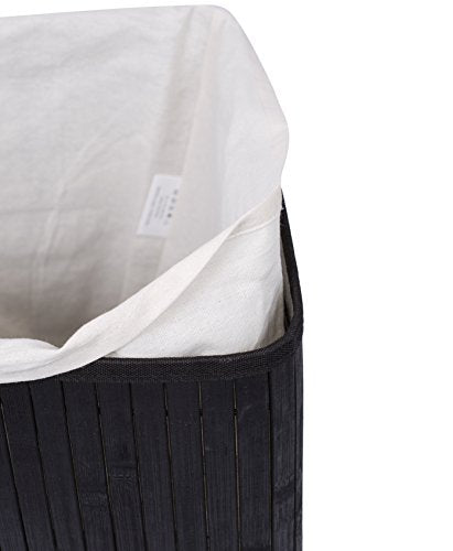 BirdRock Home Corner Laundry Hamper with Lid and Cloth Liner - Bamboo - Black - Easily Transport Laundry Basket - Collapsible Hamper - String Handles
