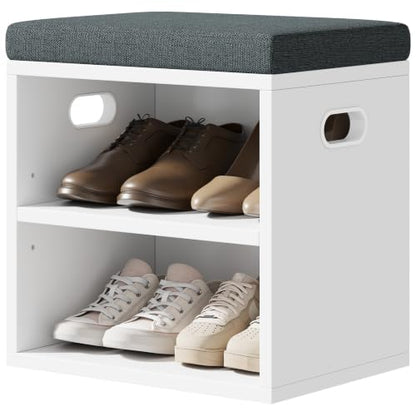 2 Tier Small Shoe Storage Bench White US-FHXD01W | hold up to 4 pairs of shoes, with Adjustable Middle Shelf, Padded Seat Cushion,cut-out handle - color: White