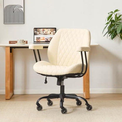 YFO Home Office Desk Chair Office Rubber Casters Ergonomic Computer Chair with Lumbar Support Adjustable Height Rolling Swivel Executive Task Armrests Chair， Cream Leather - color: Cream, size: Mid Back