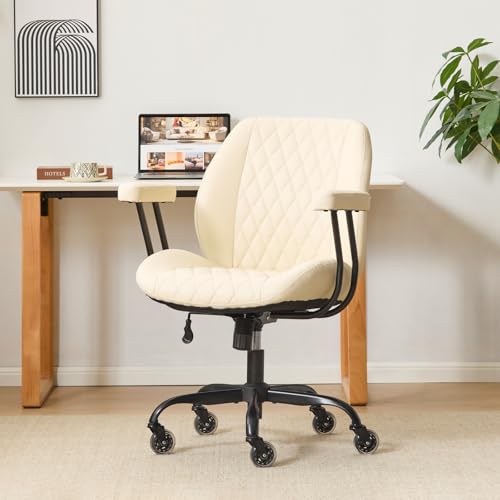 YFO Home Office Desk Chair Office Rubber Casters Ergonomic Computer Chair with Lumbar Support Adjustable Height Rolling Swivel Executive Task Armrests Chair， Cream Leather - color: Cream, size: Mid Back