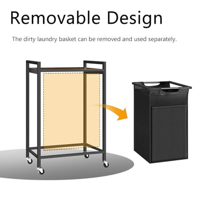 Laundry Hamper with Shelf, Laundry Basket with 1 Large Pull-Out Removable Bags, 1 x 18.3 Gallons(69L), Metal Frame, Lockable Wheels, for Laundry Room and Bedroom - color: Black and Rust (1 Bag 69L)