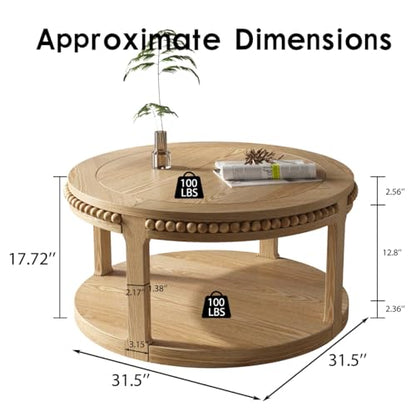 31.5" Round Wood Coffee Table, 2 Tier Modern Center Table,Solid Wood+MDF, Easy Assembly, Accent Table for Living Room, Apartment, Small Space. (Natural Wood) - color: Natural-m