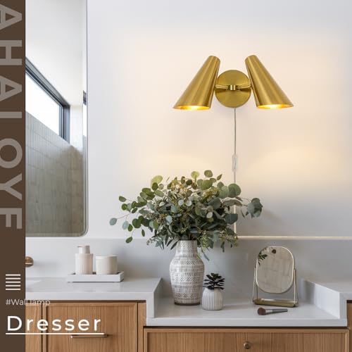 Gold 2-Light Plug in Wall Sconce, Modern Vanity Light Wall Lamp with Rotatable Lampshade Picture Light for Bedroom Living Room Bathroom Foyer - color: B-Gold