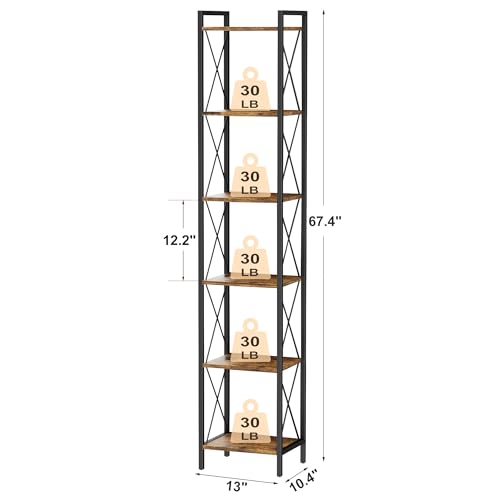 Homhedy 6 Tier Small Bookshelf, Tall Narrow Bookcase, Metal Book Shelf | Industrial Style for Small Spaces, Home, Office, Living Room, Kitchen, Bedroom , 10.4" D x 13" W x 67.4" H, Rustic Brown - color: Rustic Brown, size: 10.4"D x 13"W x 67.4"H