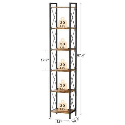 Homhedy 6 Tier Small Bookshelf, Tall Narrow Bookcase, Metal Book Shelf | Industrial Style for Small Spaces, Home, Office, Living Room, Kitchen, Bedroom , 10.4" D x 13" W x 67.4" H, Rustic Brown - color: Rustic Brown, size: 10.4"D x 13"W x 67.4"H