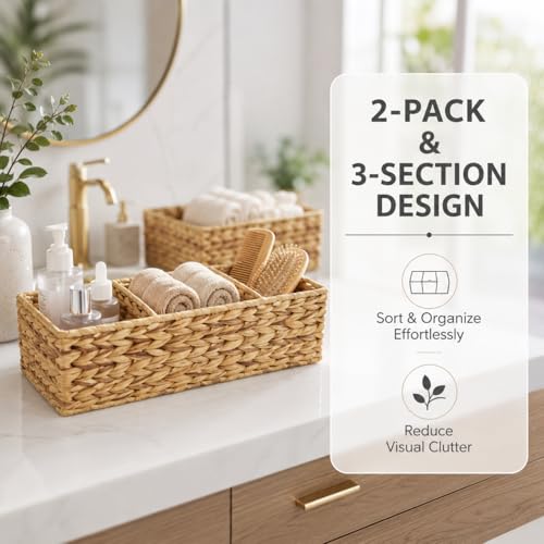 Operitacx Wicker Basket Organizer, 2-Pack with 3 Sections for Countertops | 2 woven-look baskets, three-section layout, for pantry packets, bathroom supplies, desk items and shelf organization needs