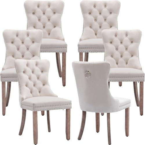 Beige Velvet Dining Chairs Set of 6, Tufted Kitchen & Dining Room Chairs | Six Fabric Tufted Dinning Chairs, Velvet Upholstered, Wing Back, Metal Pull Ring, Wood Frame, Mid Century Modern - color: A-1 Beige Velvet, Wood Legs, size: 6