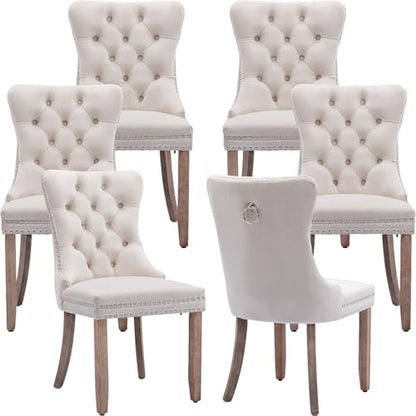 Beige Velvet Dining Chairs Set of 6, Tufted Kitchen & Dining Room Chairs | Six Fabric Tufted Dinning Chairs, Velvet Upholstered, Wing Back, Metal Pull Ring, Wood Frame, Mid Century Modern - color: A-1 Beige Velvet, Wood Legs, size: 6