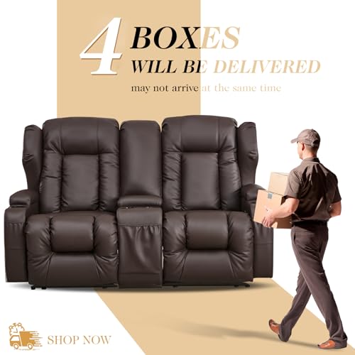 Loveseat Recliner Sofa,RV Wall Hugger Recliners with Console,Reclining Loveseat Sofa Recliner with Cup Holders/Lumbar Pillows for Small Spaces,RV Furniture (Brown,66" 2-Seater) - color: Brown, size: 66" 2-Seater