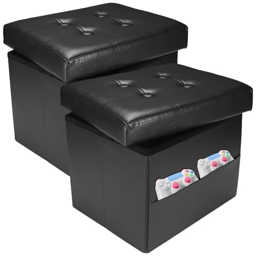 2PC Ottoman with Storage,17" Leather Folding Foot Rest Stool,Black | Small Ottoman with Side Pockets, Thicker Foam Padded Seat, 17 * 13 * 13 Inch, Livingroom, Dorm, Bedroom, Entryway - color: Black-2pc