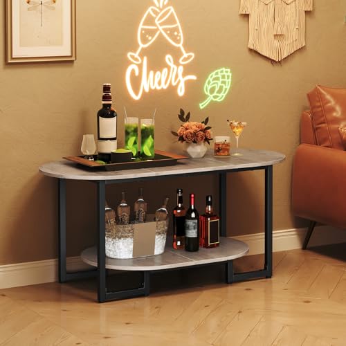 HOOBRO Coffee Table for Living Room, Oval Small Coffee Table with 2-Tier Open Storage Shelf, Industrial Cocktail Tea Table, Wooden Desktop Center Table, Farmhouse, Home Office, Greige BG09KF01 - color: Greige