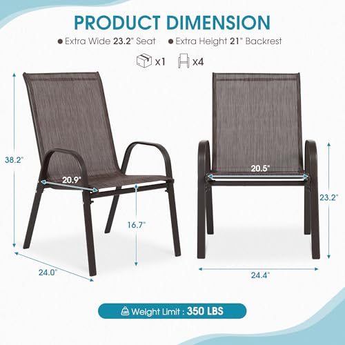 24.4" Wide Outdoor Stackable Chairs Set of 6 | Stacking Patio Chairs with Textilene Fabric, Outside Furniture for Garden Backyard Balconie Poolside Deck, Brown - color: 6 Brown Chairs
