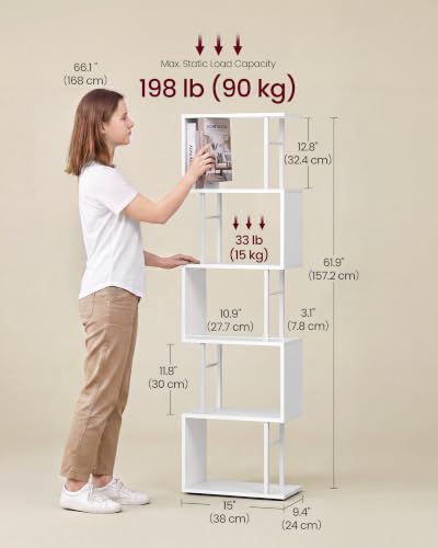 VASAGLE 6-Tier Book Shelf, S-Shaped Tall Book Shelf, Metal and Wood Display Shelf for Living Room and Office, Shelving Unit, 15 x 9.4 x 61.9 in, White, Barnet Collection ULLS172WB01 - color: White, style: 6-Tier (15"W)