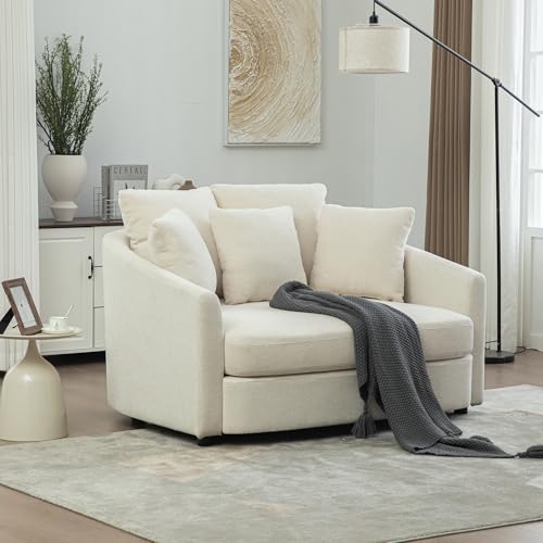 KEIKI 56" Oversized Chenille Single Sofa Chair with 5 Removable Pillows and High Density Foam Cushions, Modern 1-Seater Slipcoved Barrel Lounger Chair, Easy Assembly, for Living Room, Apartment, Beige - color: Beige