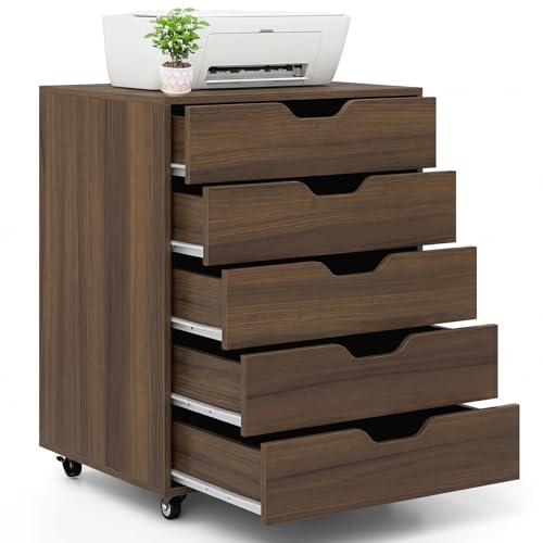 MAT EXPERT 5-Drawer Dresser, Mobile File Cabinet on Wheels, Wood Rolling Storage Drawers Under Desk, Chest of Drawers Home Room Organizer Furniture, Storage Cabinet for Study Office (Walnut) - color: Walnut