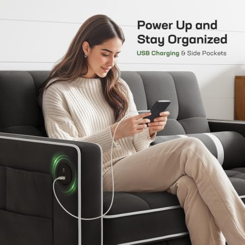 Marsail 3-in-1 Convertible Futon Sleeper Sofa Bed, Pull Out Couch with Adjustable Backrest, USB Charging & Side Pockets, Velvet Fabric Sofa for Living Room, Apartment, Loveseat, Dark Black - color: Dark Black