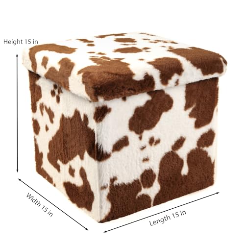Luxe Faux Fur Storage Ottoman, Cowhide Brown/White, 15 x 15 x 15 in | Engineered Wood, Tool-Free Assembly, Modern Style, Seat And Footrest - color: Cowhide Brown/White, size: 15"D x 15"W x 15"H