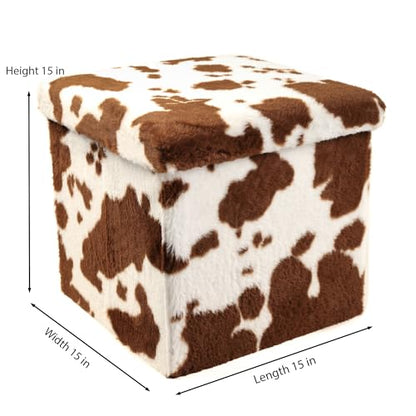 Luxe Faux Fur Storage Ottoman, Cowhide Brown/White, 15 x 15 x 15 in | Engineered Wood, Tool-Free Assembly, Modern Style, Seat And Footrest - color: Cowhide Brown/White, size: 15"D x 15"W x 15"H