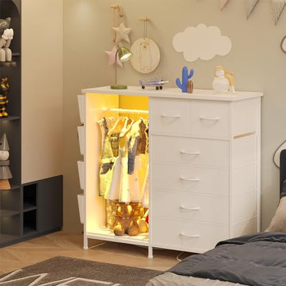 6 Drawer Dresser for Bedroom with Clothes Rack, Clothes Dresser with Side Pockets and Hooks, Charging Station & LED Lights, Wooden Top, Fabric Storage (White) - color: White