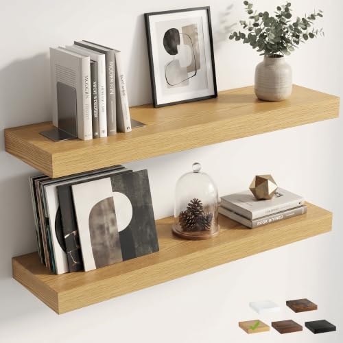 8 inch Deep Floating Shelves for Wall, 30" Wide, Oak Finish, 2-Pack | Engineered Wood Wall Shelves with Invisible Brackets for Living Room, Bedroom, Bathroom, Office & Kitchen Storage - color: Oak Finish, size: 30"W x 8"D, 2p