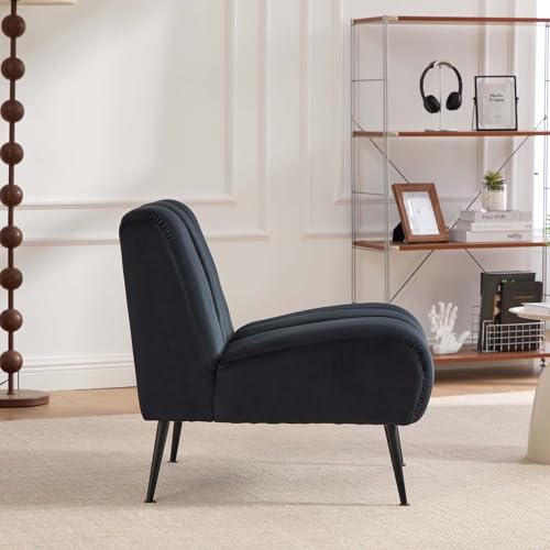 Velvet Slipper Chair, Armless Upholstered Accent Chair with Black Metal Legs, Modern Lounge Chair for Living Room, Bedroom, Office & Reading Nook (Black+Metal) - color: Black+metal