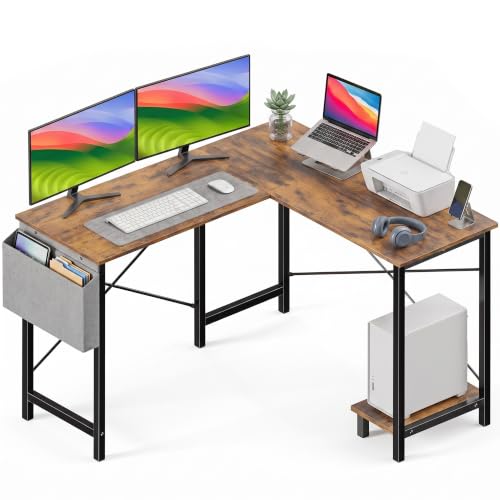 L Shaped Desk, 50 Inch Computer Desk Home Office Desk for Small Space Brown | Gaming Table Corner Desk for Small Space with CPU Stand and Side Storage Bag, Sturdy Writing Workstation for Bedroom, Brown - color: Brown
