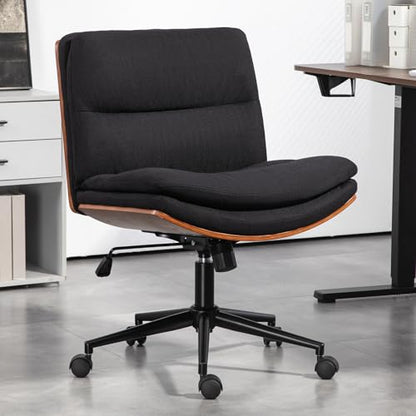 Armless Modern Walnut Office Desk Chair with Wheels, Adjustable Wide Swivel Task Chair, Ergonomic Cross Legged Fabric Chair for Conference Room, Home Office (Black) - color: Black (Linen)