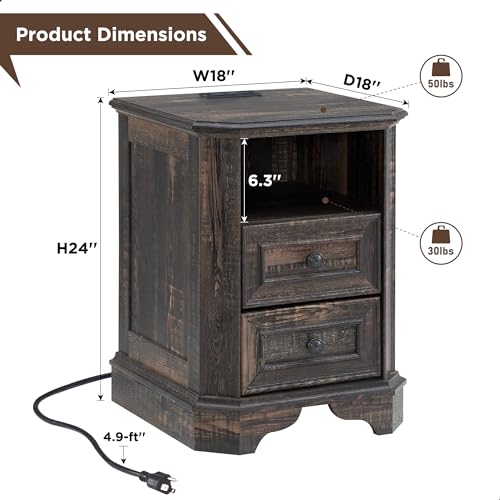 T4TREAM Farmhouse Nightstand with Charging Station, 18" End Table with 2 Drawers, Wood Side Table, Bedside Cabinet for Bedroom, Living Room (Dark Rustic Oak) - color: Dark Rustic Oak