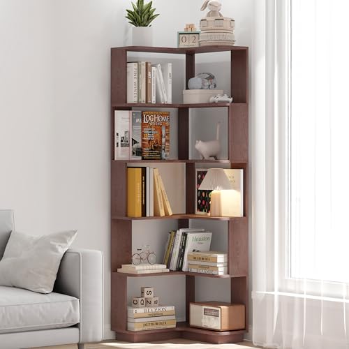 GDFStudio 64.6" Tall L-Shaped Corner Bookshelf, 6-Tier Freestanding Corner Shelf Bookcase with Anti-Drop Panels, Wooden Open Back Display Shelves Organizer for Living Room Bedroom Office, Ox Blood Red - color: Ox Blood Red
