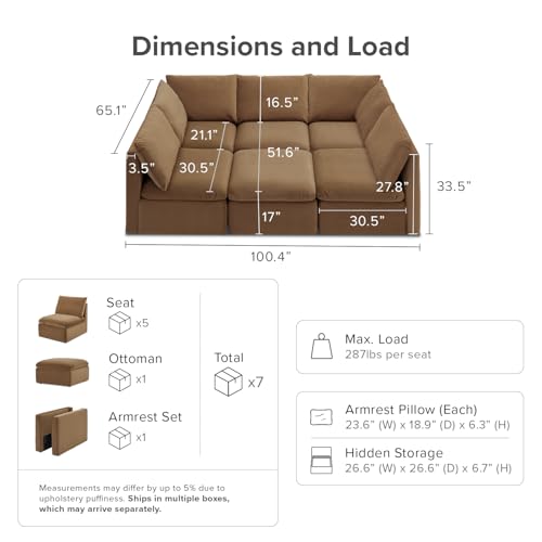 mopio Oversized Modular Sectional Sofa with Fully Removable Covers and Storage, Convertible U, L-Shaped and Sleeper Sectional, Modern Couches with Ottoman Chaise (Hazelnut Velvet, 6 Seats, Sleeper) - color: [Gen 2] Hazelnut Velvet, size: 6 Seats, Sleeper