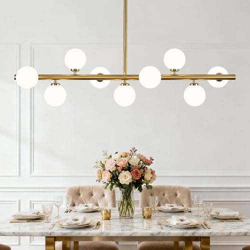 Mid Century Modern Globe Sputnik Chandelier, 9-Light Linear Chandeliers for Dining Room and Kitchen Island, Dining Light Fixture Over Table, Brass Gold and Milk White Glass Bubble, 40 Inch - color: Gold Milk White, size: 9-Light 40 Inch