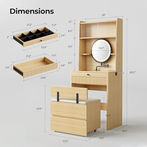 IRONCK Small Vanity Desk with LED Mirror, Glass Top & Storage Stool | 26-inch oak vanity with adjustable mirror arm, 3 light modes, 2 drawers, charging station, and tuck-away storage stool.