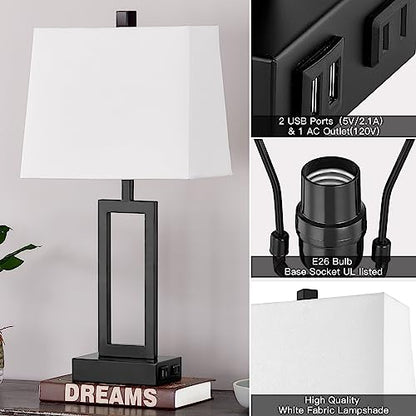 23.5" Touch Control Table Lamps Set of 2, Bedside Lamp with 2 USB Ports & AC Outlet, 3-Way Dimmable Nightstand Lamp with White Linen Shade for Living Room Bedroom End Table Office(2 LED Bulb Included) - color: White
