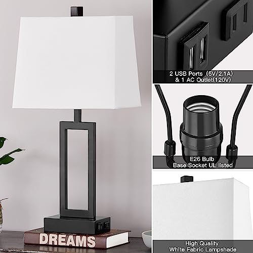 23.5" Touch Control Table Lamps Set of 2, Bedside Lamp with 2 USB Ports & AC Outlet, 3-Way Dimmable Nightstand Lamp with White Linen Shade for Living Room Bedroom End Table Office(2 LED Bulb Included) - color: White